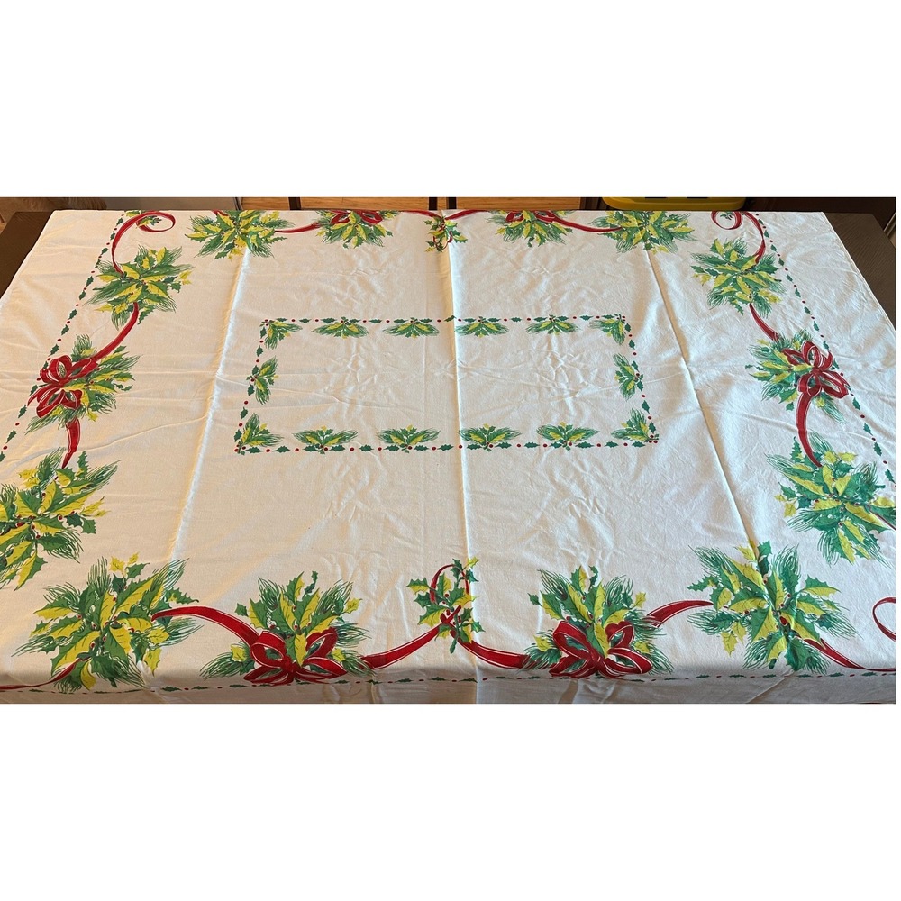 Vtg Christmas Tablecloth Holly Berries Red Bows White Rectangular Holiday 68x60